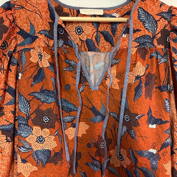 ULLA JOHNSON Joanie Blouse 4 Orange Floral Carmine pullover tie peasant birds - Picture 3 of 7